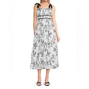 White & Black Floral Tie-Shoulder Midi Dress
